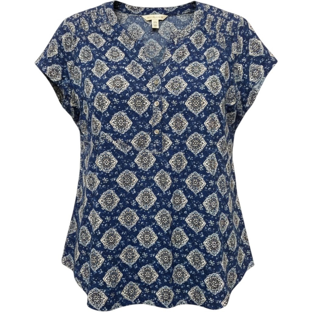 Croft & Barrow Blouse Woman 1X Blue Medallion Print Cap Sleeve Boho Classic Top